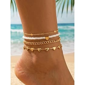 Women's 4PCS Layered Boho Anklet Set, Gold Tone Alloy Ankle Bracelets with Heart Charms and White Beads, Summer Beach Vacation Jewelry for Women