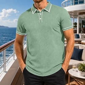 Homme Polo en seersucker Ice Silk Texturé Occasionnel Vacances Col Rabattu Manche Courte Mode Basique Bloc de Couleur Poids Léger Boutons Printemps  Été Bleu N