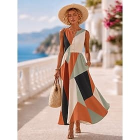 Femmes Robe maxi Robe d'Été Robe d'été Vacances Quotidien Maison Extérieur Coupe régulière Fleuri Graphique Géométrique Sans manches Col en V Noir Jaune Rouge