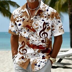 Men's Music Notes Shirt Summer Shirt Button Up Shirt Short Sleeve Vintage Retro Outdoor Beach Vacation Wear Summer Spring Turndown 3D Print Button Up Shirts Bl