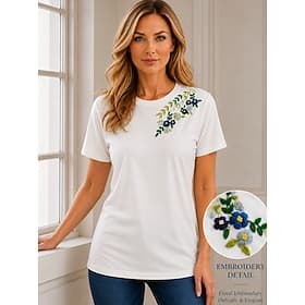 Femmes 100% Coton T-shirt brodé Fleuri Graphique ancien Élégant Occasionnel Manche Courte Col ras du cou Hauts Réguliers Occasionnel Quotidien Week-end Blanche