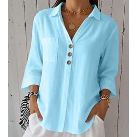 Femmes Chemise Hauts d'été Avec Poches Boutons Uni Vacances Quotidien Occasionnel manche longue Col en V Col de chemise Hauts Réguliers Fête Sortir Bleu Jaune