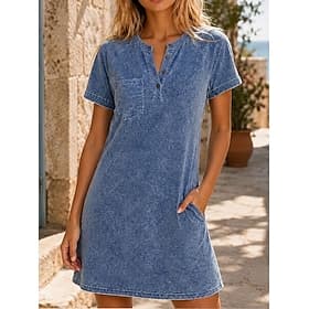 Women's Knee Length Dress Washed Dress 100% Cotton Basic Classic Daily Vacation Regular Fit Plain Short Sleeve Crew Neck Blue Summer Spring thumbnail 2