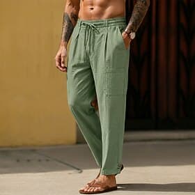 Men's Linen Pants Trousers Summer Pants Drawstring Elastic Waist Straight Leg Plain Comfort Breathable Ankle-Length Casual Daily Holiday Fashion Classic Style thumbnail 2