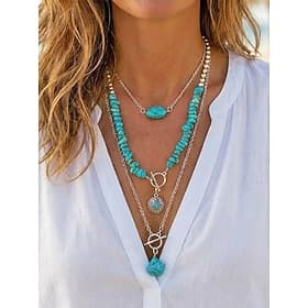 Ensemble de colliers à plusieurs rangs turquoise pour femme, bijoux bohèmes en pierre naturelle avec chaîne en alliage d'argent, cadeau tendance pour l'été, id