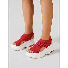 Sandales compensées rouges à coussin d'air pour femmes – sandales de marche respirantes en maille à bout ouvert avec absorption des chocs, semelle légère et co