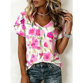 Women's Blouse Print Floral Graphic Vintage Daily Stylish Short Sleeve V Neck Regular Tops Casual Daily Blue Yellow Pink Summer Spring