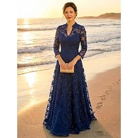 Ligne A Robe Longueur au sol Robe de Soirée Robe de Cocktail Robe de Mère de Mariée  manche longue Col en V Élégant ancien Luxueux Formel robe demoiselle d hon