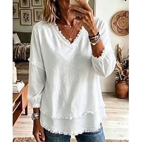 Femmes Chemise Chemise Bohème Chemise en Dentelle Frange Couleur Unie Uni Bohème Vacances Quotidien manche longue Col en V Hauts Longs Occasionnel Bleu Blanche