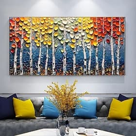 Peinture à l'huile abstraite et vibrante, réalisée à la main, représentant une forêt de bouleaux d'automne. Œuvre originale, colorée et texturée, représentant
