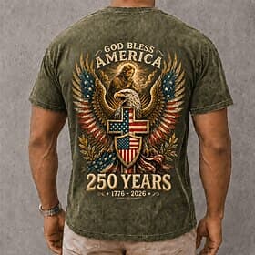 T-shirt homme 250e anniversaire du drapeau américain (4 juillet 2026), 100 % coton, délavé à l'acide, manches courtes, impression directe sur textile, col rond thumbnail 2