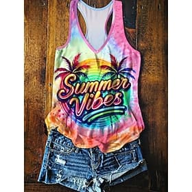 Women's Tank Top Ombre Graphic Tie Dye Tropical Hawaiian Beach Sleeveless V Neck Regular Tops Casual Daily Beach Wear Purple Green Summer Spring