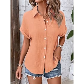 Femmes Chemise Chemisier Patchwork Avec Poches Couleur Unie Élégant Mode Occasionnel Manche Courte Col de chemise Hauts Réguliers Occasionnel Rose Claire Orang
