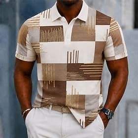 Men's Color Block Geometic Polo Shirts Short Sleeve Polo Shirts Collared Shirts Casual Athleisure 3D Print Buttons Breathable Mesh Summer Spring Brown 1 Brown