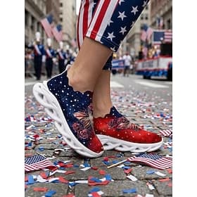 Women's Red Blue Patriotic Slip-On Walking Shoes – Rose  Butterfly Printed Air Cushion Sneakers for Independence Day, Fourth of July Celebrations, Travel, Dail
