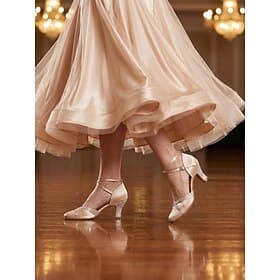 Women's Nude Satin Ballroom Dance Shoes – Elegant Closed Toe Dance Heels with Rhinestone Cross Straps for Waltz, Foxtrot, Tango  Social Dancing