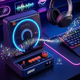 LOKMAT Vertical Bluetooth CD Player, Cyberpunk Retro Desktop CD Player with Ambient LED Light  Built-in Speakers, Portable Music System for Home Office, Cool T