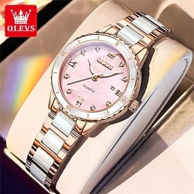 Montre femme Olevs, bracelet en céramique blanche et or rose, cadran en nacre rose avec index diamants, étanche, à quartz lumineux, avec date, cadeau idéal pou