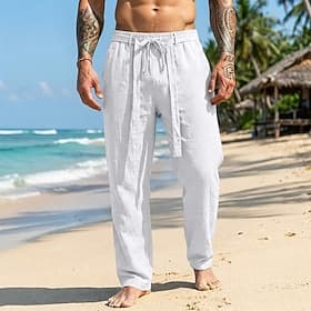 Men's Cotton Linen Pants Trousers Summer Pants Baggy Pants Beach Pants Pocket Solid Color Plain Comfort Breathable Full Length Casual Daily Outdoor Vacation Fa