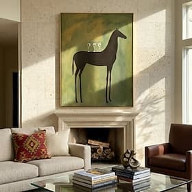 Peinture abstraite moderne peinte à la main, représentant un cheval. Art mural minimaliste vert olive avec un animal noir.