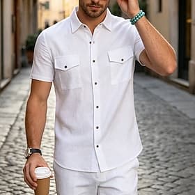Men's Shirt Summer Shirt Beach Shirt Button Up Shirt Plain Casual Outdoor White Black Yellow Sky Blue Short Sleeve Turndown Spring  Summer Clothing Apparel Poc