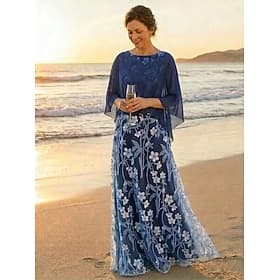 Ligne A Longueur au sol Robe en Dentelle Robe de Mère de Mariée  Demi Manches Col ras du cou Élégant ancien Echarpe incluse Formel robe demoiselle d honneur Fê