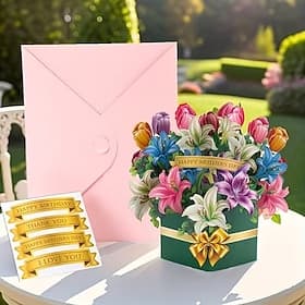 3D Pop Up Flower Bouquet Greeting Card, Forever Paper Flowers with 4 Interchangeable Tags for Mother's Day, Birthday, Thank You, I Love You, Gift for Women, Mo