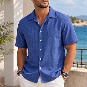 Men Shirt Linen Shirt Summer Shirt Beach Wear Plain Casual Vacation White Purple Khaki Dark Blue Short Sleeve Shirt Collar Summer Spring Clothing Apparel
