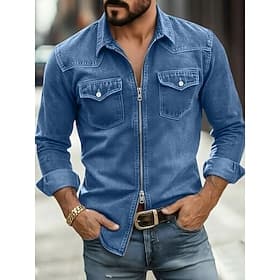 Men Shirt Casual Shirt Work Shirt Western Shirt Button Up Shirt Garment Dyed Blue Black Red Green Long Sleeve Plain Shirt Collar Casual Daily Front Pocket Clot thumbnail 2