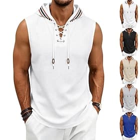 Men's Waffle Shirt Tank Sleeveless Hooded Henley Summer Solid Color Fashion Casual Daily Drawstring Hooded Casual White Light Khaki Black Top Tee for Men
