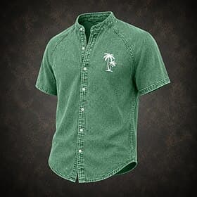 Chemise homme Softfade™ décontractée, chemise en jean, chemise délavée à l'acide, teinte en pièce rose, vert, kaki, gris, bleu clair, manches courtes, col mao,