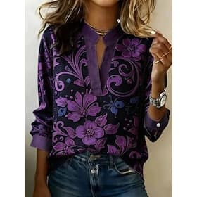 Femmes Chemise Imprimé A Ombre Fleuri Graphique ancien Élégant manche longue Col en V Hauts Réguliers Occasionnel Quotidien Fête Violet Été Printemps thumbnail 2