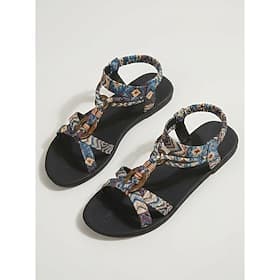 Women's Boho Ethnic Beach Sandals - Flat Aztec Woven Strappy Gladiator Shoes with Ring Accent for Summer Island Vacation  Cruise