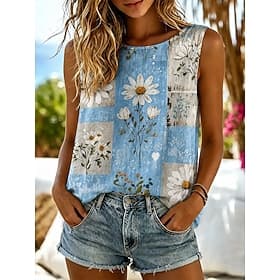 Women's Camisole Tank Top Floral Graphic Elegant Bohemia Vintage Sleeveless Crew Neck Regular Tops Casual Blue Purple Brown Summer Spring
