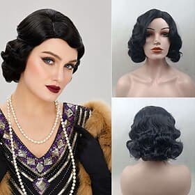 Perruque synthétique courte brune ondulée et bouclée style années 20 pour femme, idéale pour un déguisement cosplay années 20, une soirée d'Halloween ou un usa