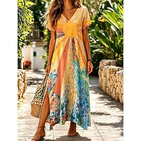 Women's Midi Dress T Shirt Dress Tee Dress A Line Dress Casual Regular Fit Floral Graphic Short Sleeve V Neck Blue Pink Purple Orange Summer Spring