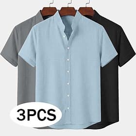 Men Shirt Linen Shirt Summer Shirt Band Collar Shirt Button Up Shirt Plain Casual Daily BlackWhiteGray BlackBlueGray WhiteGrayBlue OrangeGrayBlack Short Sleeve
