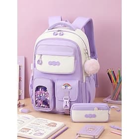 Girls School Backpack Set, Pink Waterproof Polyester Bookbag with Pencil Case, Large Capacity Multi-Pocket Student Backpack, Ergonomic Support, Travel  Daily U