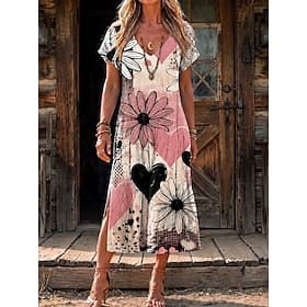 Femmes Robe Midi Robe fourreau Occasionnel Coupe régulière Fleuri Graphique Manche Courte Col en V Jaune Rose Claire Beige Été Printemps