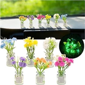 6 Pcs Luminous Car Dashboard Decorations Mini Artificial Flowers in Bottle, Glow in the Dark Auto Interior Accessories, Cute Good Luck Floral Ornaments for Car