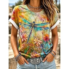 Women's T Shirt Print Floral Graphic Animal Stylish Classic Casual Short Sleeve Crew Neck Regular Tops Casual Daily Pink Orange Green Summer Spring