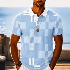 Homme Bloc de Couleur Géométrique Polos Hawaïens Manche Courte Polos Chemises à Col Occasionnel Athleisure Impression 3D Boutons Maille Respirante Printemps  É