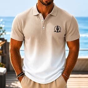 Men's Gradient Waffle Polo Shirts Short Sleeve Polo Shirts Collared Shirts Resort Athleisure Daily Wear 3D Print Buttons Breathable Mesh Spring  Summer Blue Or