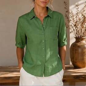 Femmes Chemise en lin Avec Poches Boutons Bohème Manche Courte Occasionnel Bleu Rose Claire Vert Kaki Grise Été Printemps