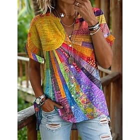 Women's Shirt Buttons Print Graphic Geometric Daily Stylish Casual Short Sleeve Stand Collar Regular Tops Casual Daily Dusty Blue Orange Summer Spring