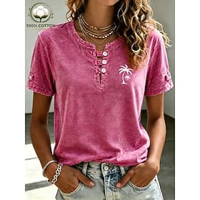 Women's Washed Cotton 100% Cotton Cotton Shirt Vintage Fashion Stylish Short Sleeve Crew Neck Regular Tops Casual Beach Blue Pink Gray Summer Spring