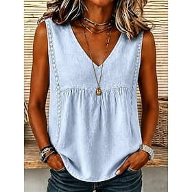Women's Shirt Cotton Linen Shirts Solid Color Plain Bohemia Vintage Fashion Sleeveless V Neck Long Tops Casual Blue White Yellow Pink Summer Spring