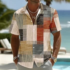 Men's Geometric Plaid Color Block Shirt Button Up Shirt Short Sleeve Fashion Casual Daily Beach Vacation Wear Summer Spring Turndown 3D Print Linen Like Shirt thumbnail 2