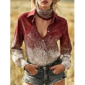 Femmes Chemise Chemisier Patchwork Boutons Imprimé Graphique Dégradé de couleur Bohème Vacances ancien manche longue Col de chemise Hauts Longs Occasionnel Quo