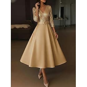 Ligne A Longueur thé Robes de Cocktail Robes de soirée Élégant Éclat Manche 3/4 Col en V Soirée Formel avec Paillettes